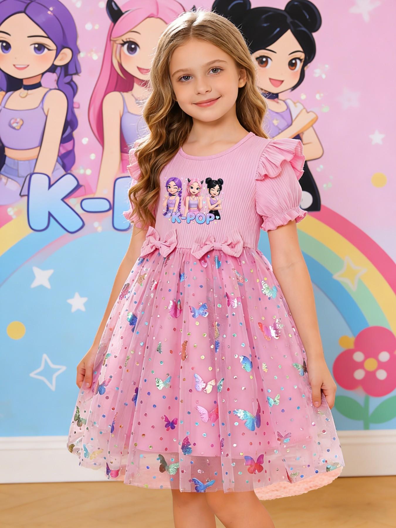 Girls' Elegant Princess Dress, Cartoon Butterfly Print, Slim-Fitting Summer Gown, Perfect for Easter, Valentine's Day, Parties, Gifts, Birthdays