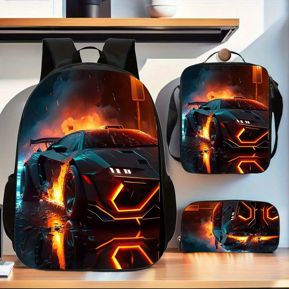 Race car Three-piece backpack combination, cartoon large capacity backpack, portable laptop bag, suitable for holiday or birthday gifts, daily commute