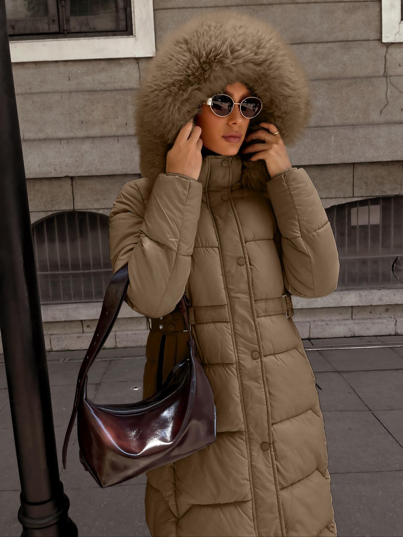 Women's Plus Size Winter Cotton Jacket, Hooded Warm Outdoor Commuter Coat with Fur Collar, Pocket Zipper, Waist Belt, Long Sleeve