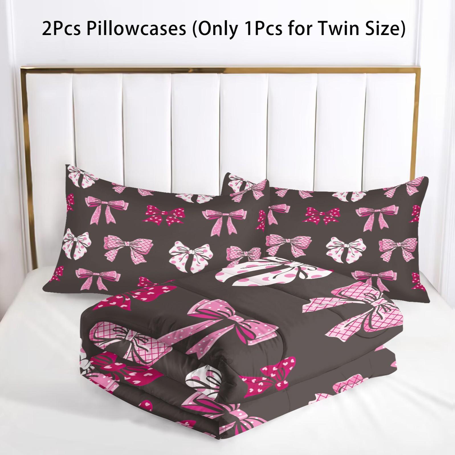2/3 Pcs Coquette Pink Bow Print Comforter Set, Cute Y2K Aesthetic Bedding Set, Soft Warm Breathable & Fade Resistant Digital Print, Ideal for Girls Bedroom Dorm Guest Room Decor, All Season Use - Without Pillow Insert