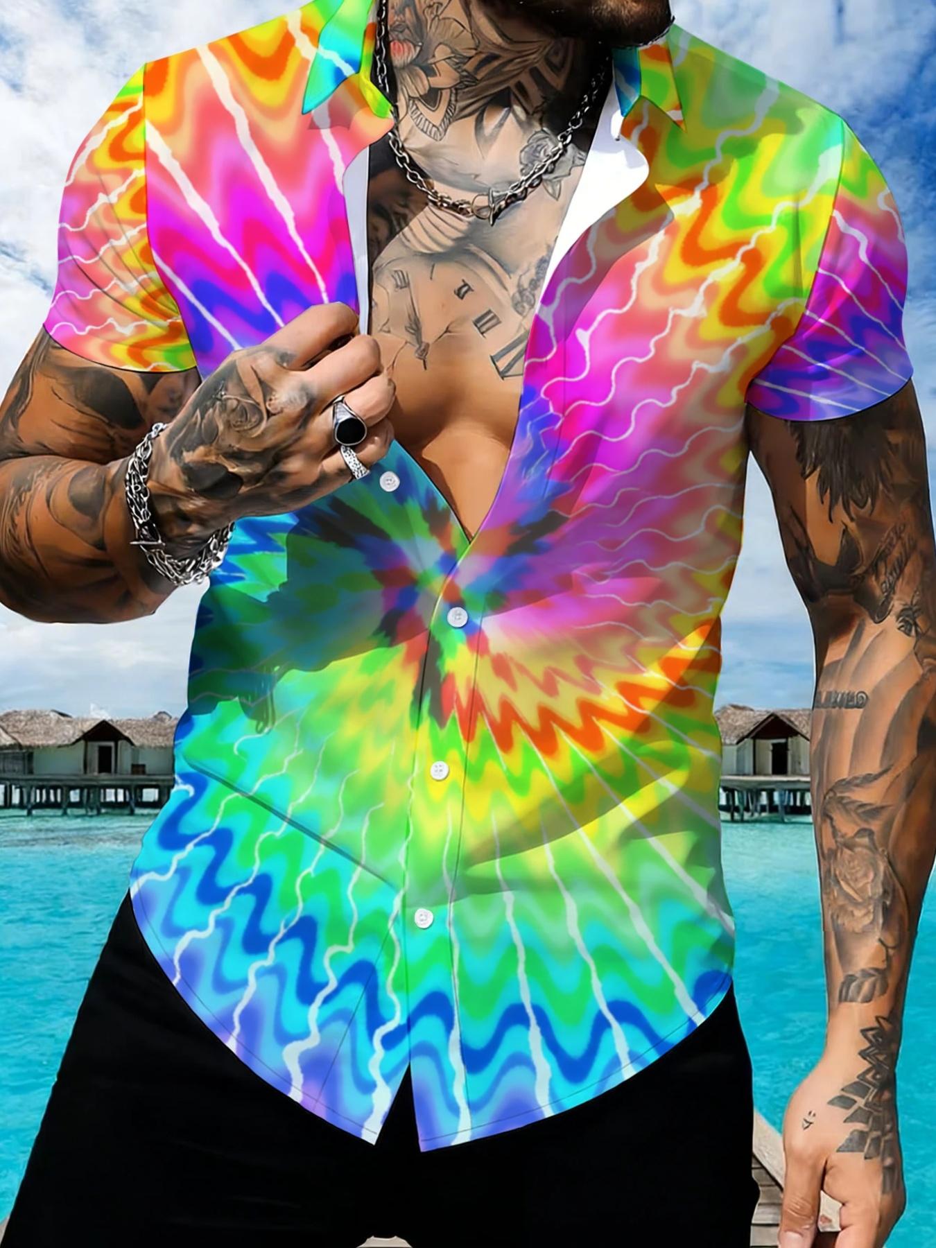 Rainbow Vortex Print Short Sleeve Shirt, Unisex, Summer Casual, Lightweight and Breathable, Colorful Pattern Design