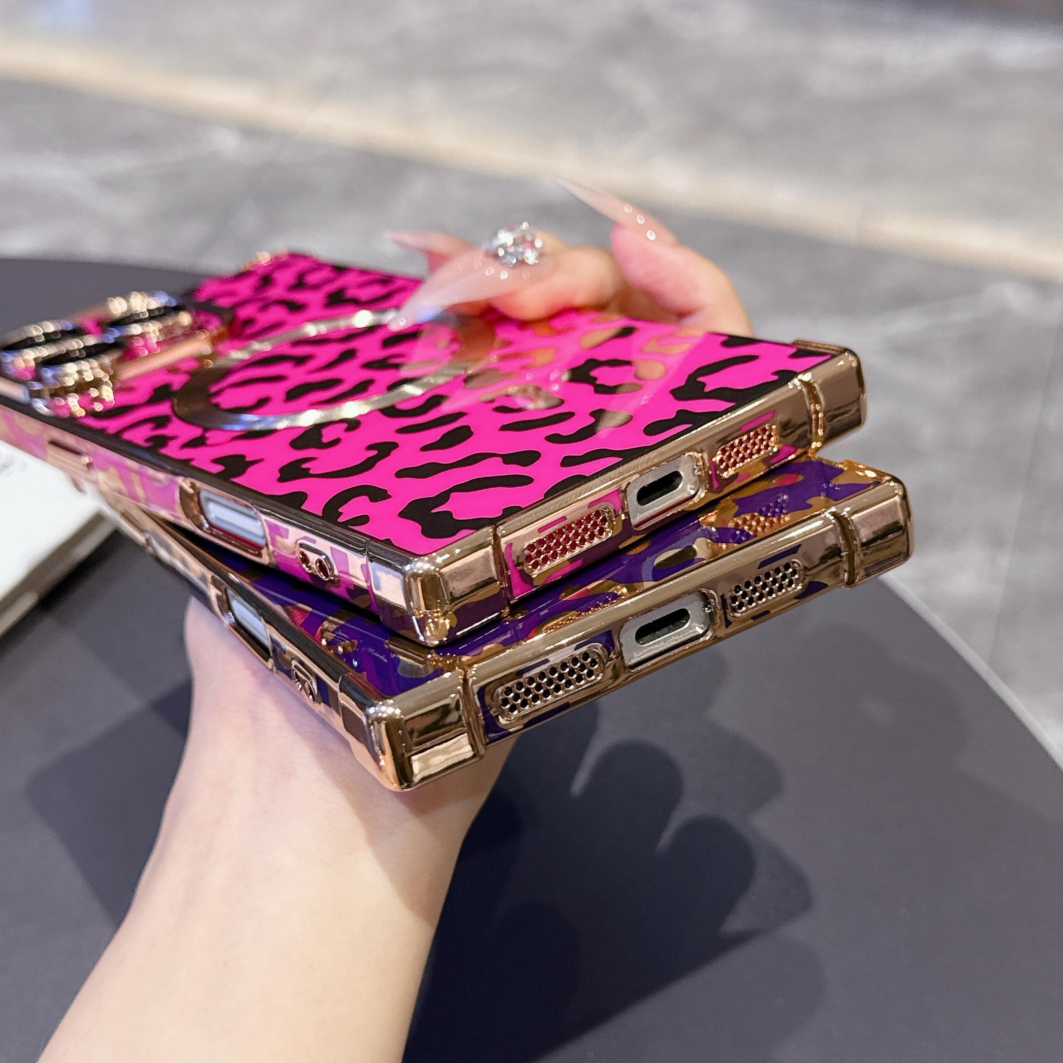 Luxury Leopard Print Shiny Square Edge Phone Case, Cover, Casing, Compatible with iPhone 16 15 14 13 Pro Max, Magnetic Wireless Charging Protection, Accessories