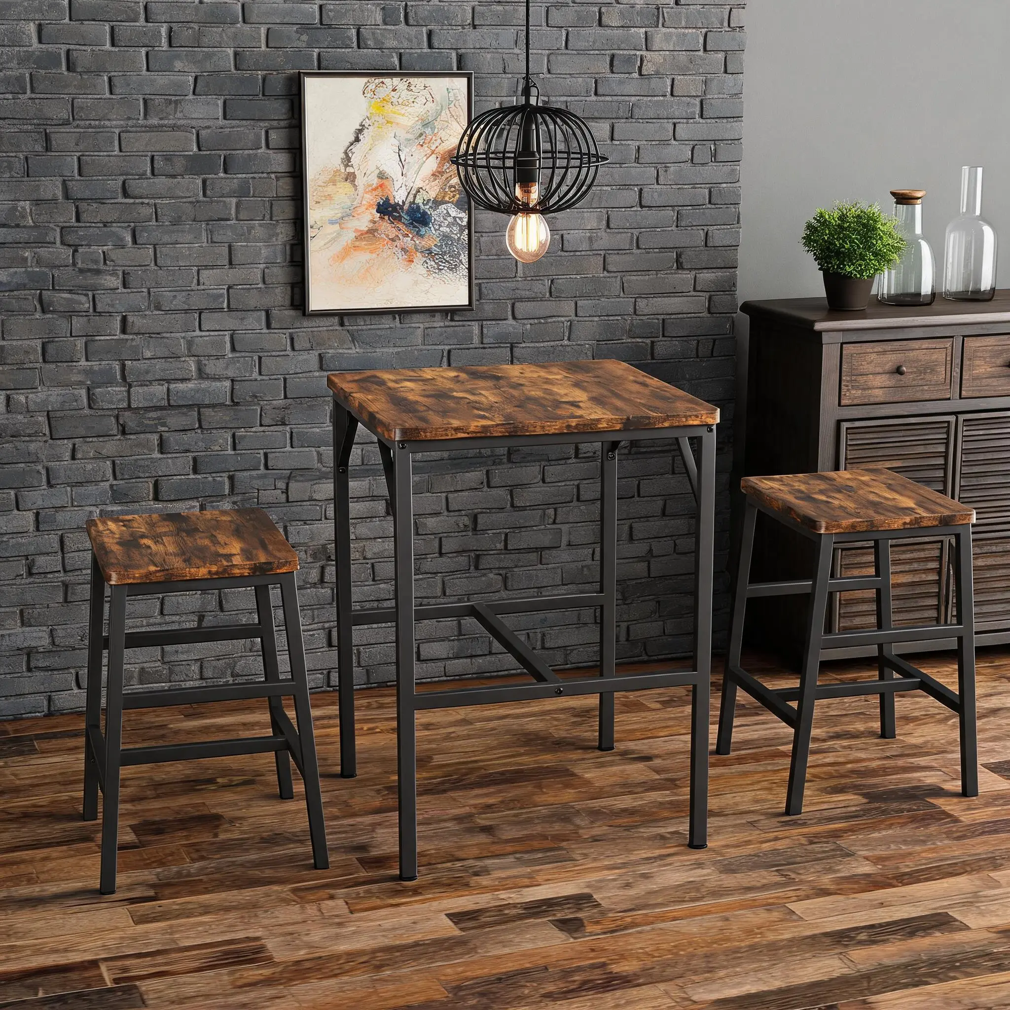 3-Piece Pub Height Dining Pub Set - Compact Square High Top Wood Finish Industrial Look Table with 2 Stools, Indoor Furniture Set for Apartments/Small Spaces