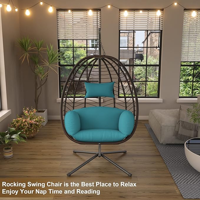 Egg Swing Chair Outdoor Indoor Wicker Rattan Hanging Chair with Stand 350lbs Capacity w/Strong Frame & Cushions for Patio Balcony Bedroom Egg Swing Chair Outdoor Indoor Wicker Rattan Hanging Chair with Stand 350lbs Capacity w/Strong Frame & Cushions for Patio Balcony Bedroom