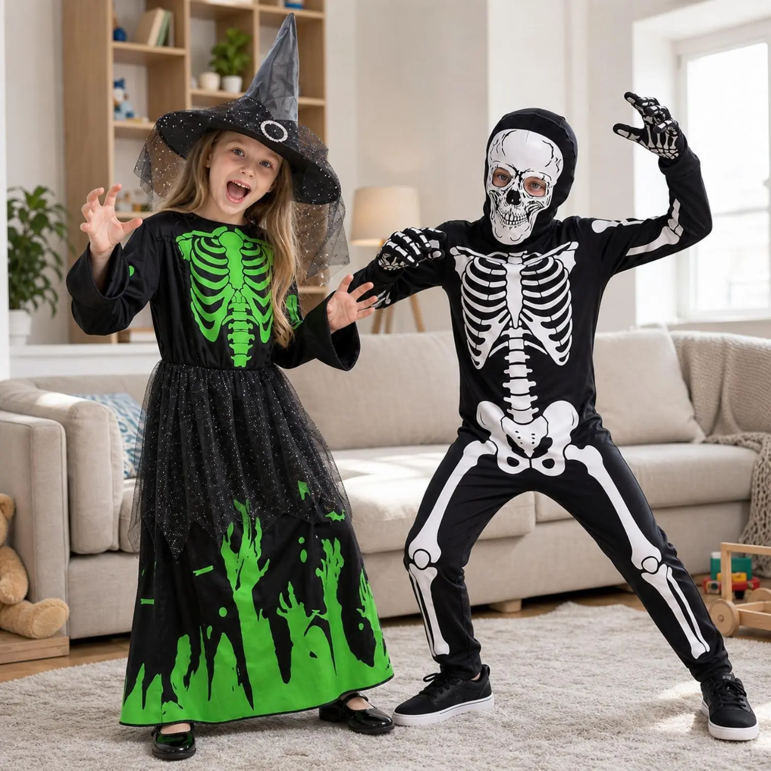 Sibling Matching Halloween Costumes, Girls Glow Skeleton Witch Dress + Boys Full Skeleton Jumpsuit Set, Brother Sister Scary Cosplay Outfit for Halloween Party Family Dress Up