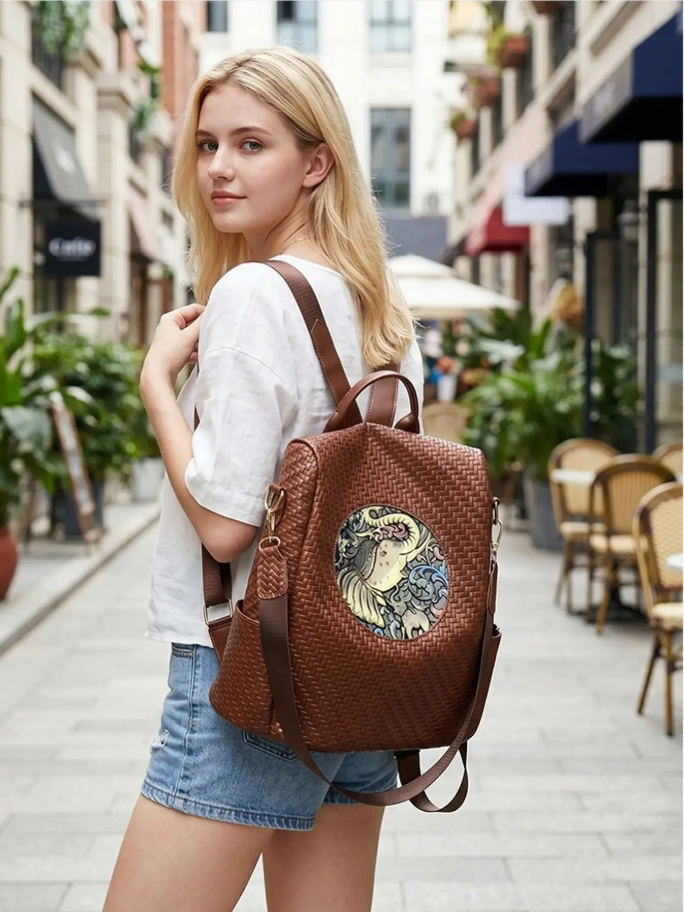 New PU Woven Texture Women's Backpack, Ethnic Elephant Print Anti-Theft Bag, Detachable Strap Multi-Use Crossbody Bag