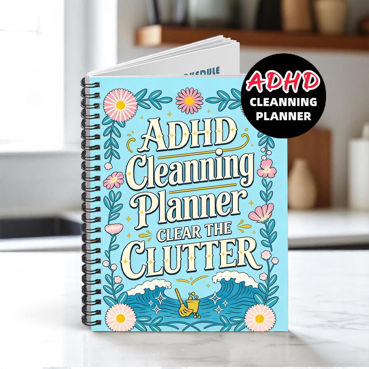 1pc ADHD Cleaning Planner Themed Academic Notebook, Decluttering Style - Floral-surrounded Text Title Pattern. Plan Specific Decluttering Tasks. Decluttering Notebook, Space Planning Notebook. Space Organization and Planning. 5.5x8.3 Inch Notebook