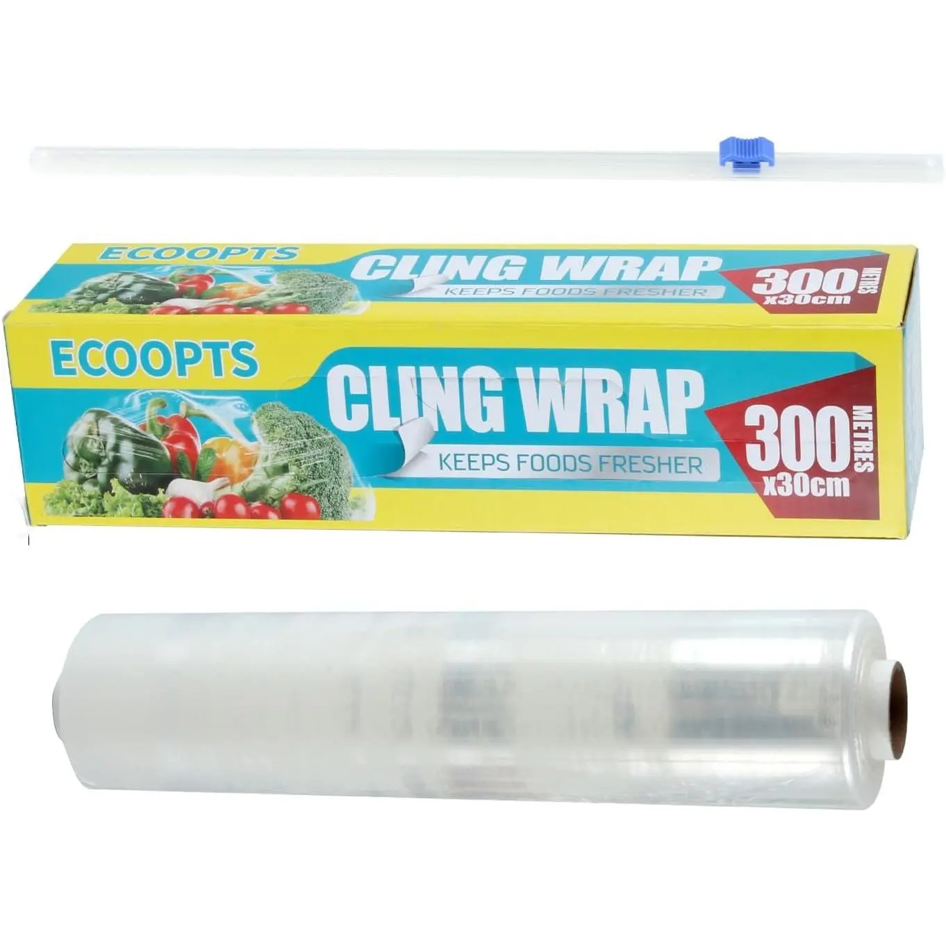 BPA-Free Clear Plastic Food Cling Wrap, 968 SQ FT (30cm x 300m) Kitchen Cling Film with Slide Cutter for Food Storage
