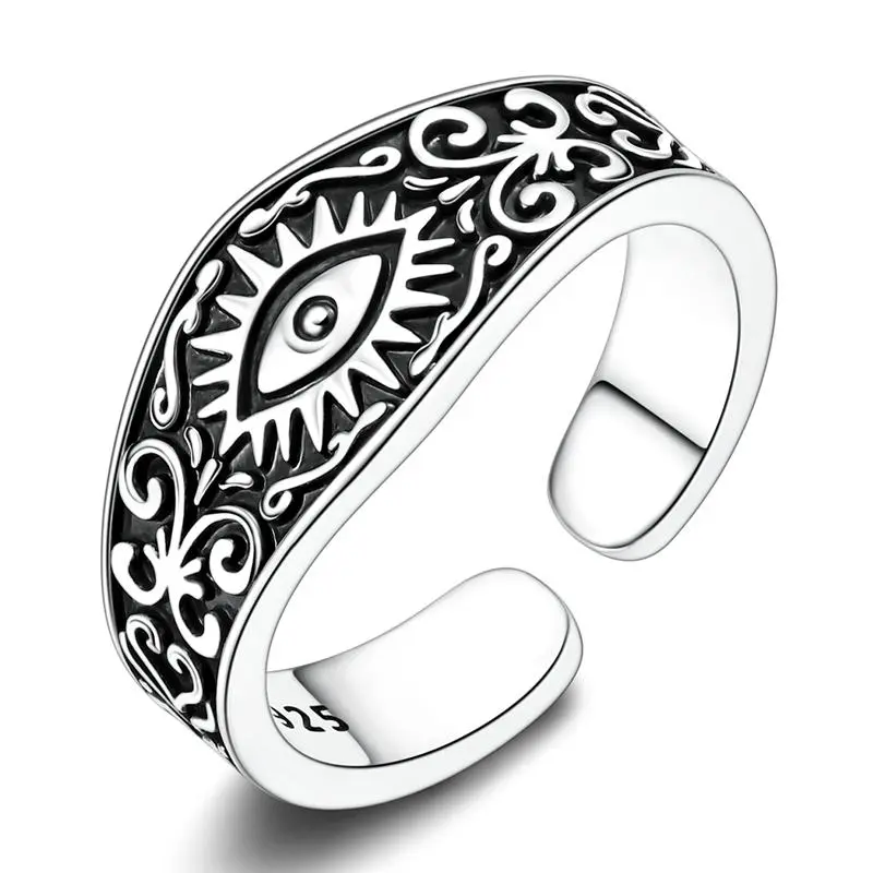 NARMO S925 Silver Evil Eye Ring, Vintage Oxidized All-Seeing Eye Amulet, Adjustable Open Filigree Band, Boho Goth Spiritual Talisman Jewelry Gift for Women and Men