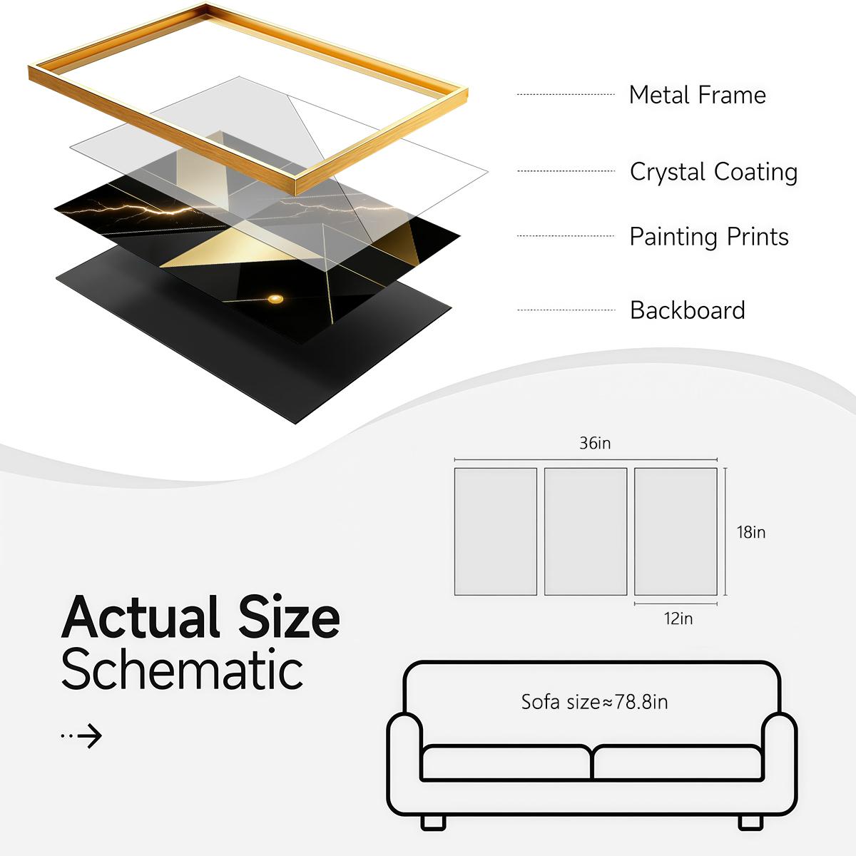 3 Counts Aluminum Alloy Framed Painting, Abstract Golden Geometric Lightning Art Pictures, Home Decoration For Living Room, Bedroom, Office, Restaurant, Hallway Wall Decor, Odorless Print Artwork, Luxury Perfect Gift For Friends And Family