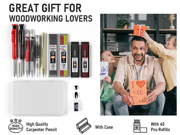 Nicpro 6 Pack Carpenter Pencil Set with Sharpener, Mechanical Carpenter Pencils with 40 Refill, Automatic Center Puncha and Carbide Scribe Tool, Heavy Duty Construction Pencil for Architect - with Case