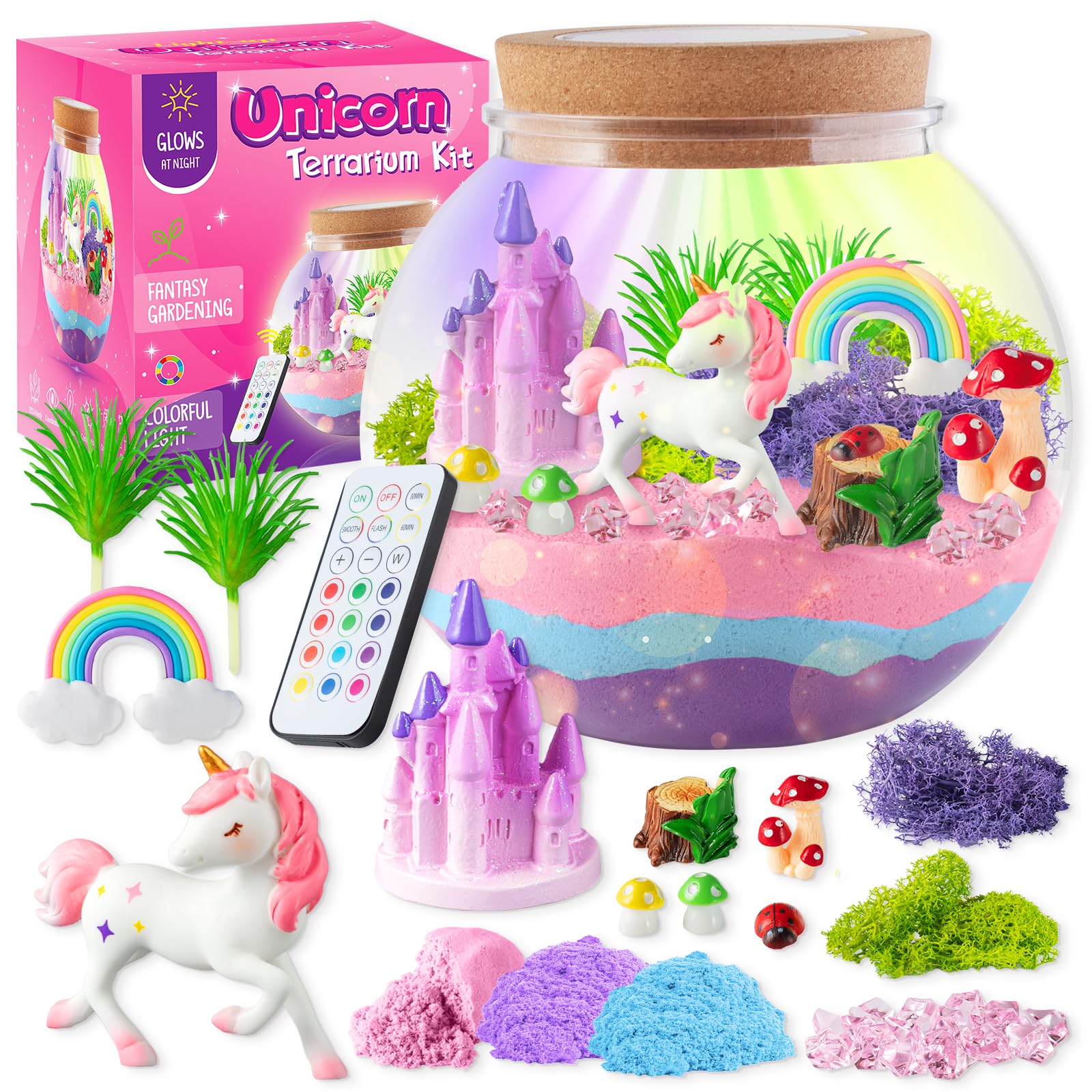 Unicorn Light-Up Glass Container Set - LED Night Light, DIY Arts & Crafts Kit for Girls Ages 4-12, Kids Birthday & Easter Gift