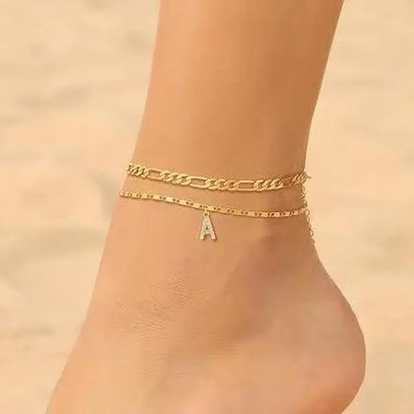 Women's Dainty Personalized Letter Stainless Steel Figaro Chain Anklet - Zircon Inlaid, 26-Letter Adjustable, Non Tarnish Waterproof Wearable Jewelry, Elegant Accessory, Trendy Fashionable Accessory, Party Gift Foot Jewelry