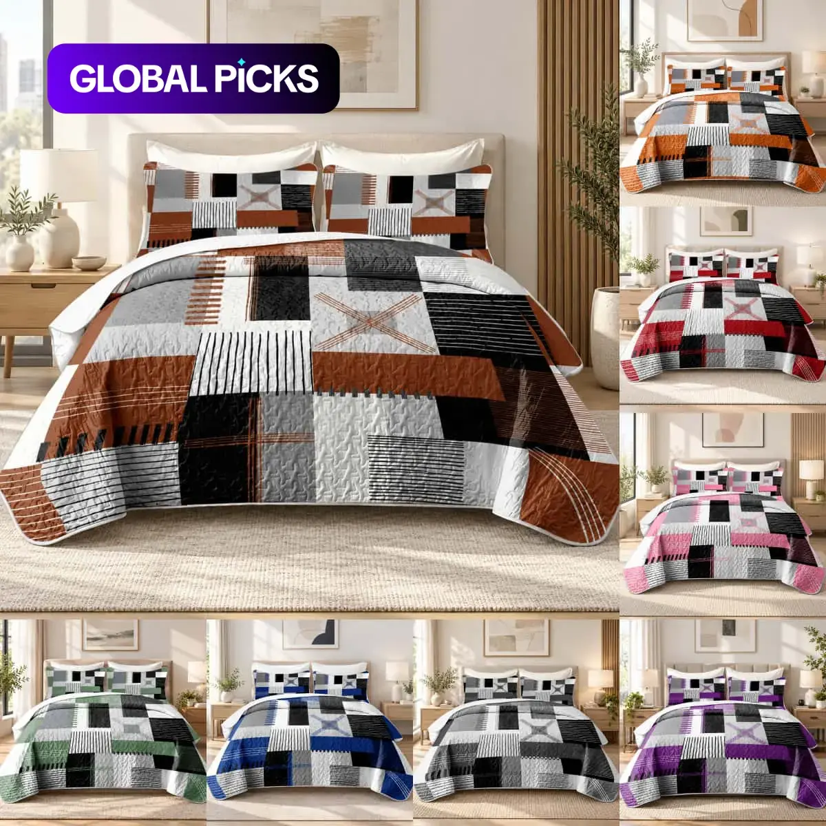 3 Pcs Abstract Geometric Bedspread Breathable Quilt Set, Black White Gray Terracotta Brown Patchwork Print, Quilted Coverlet with 2 Pillow Shams, Modern Minimalist Bedding for Bedroom Decor, King Size Bedspread, Queen Size Bedspread & Full Size Bedspread