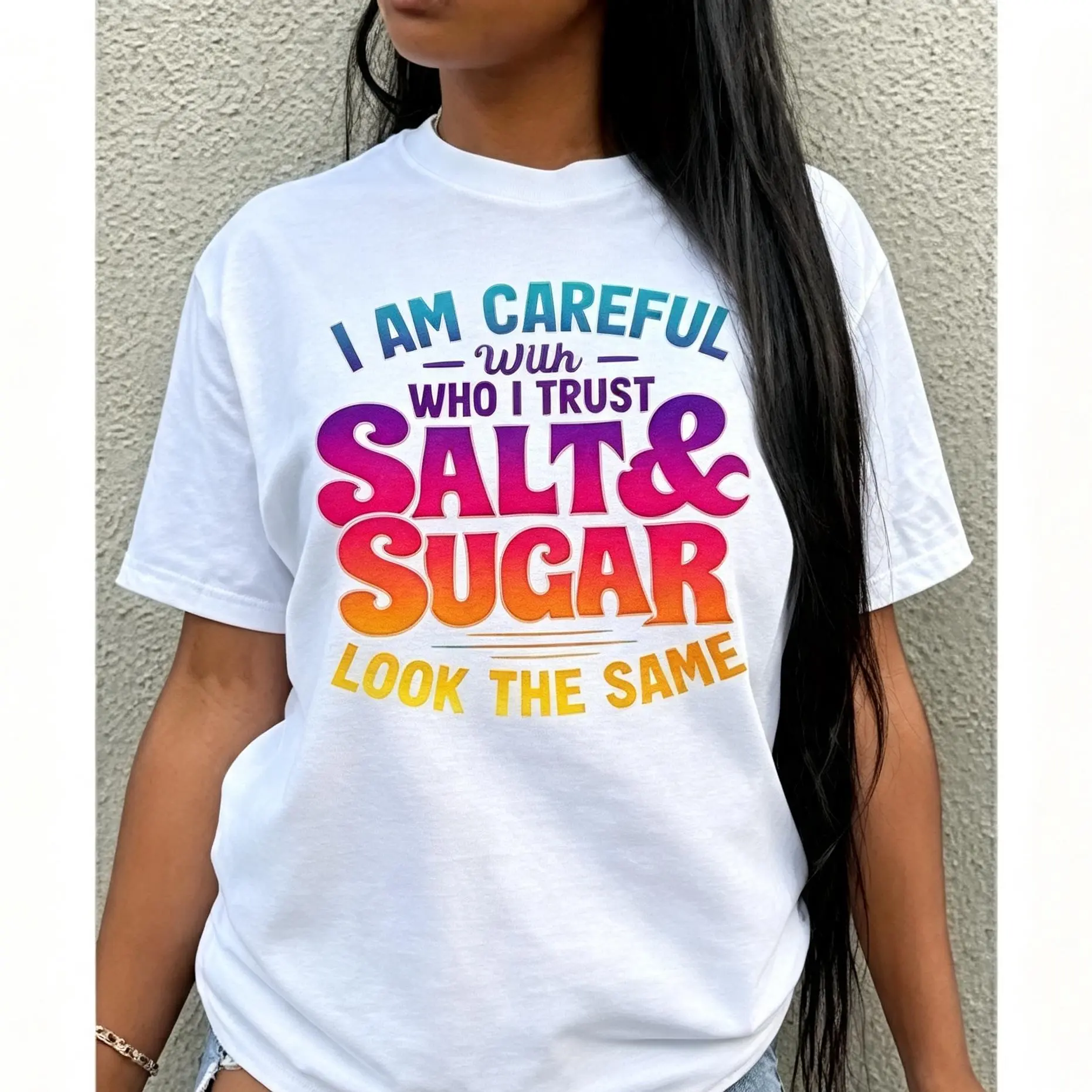 Retro "Salt & Sugar Look The Same" Sarcastic Quote Graphic T-Shirt, Groovy Cotton Oversized Comfort Outfit, Gradient Text Fashion Tee, Casual Crew Neck White Short Sleeve Top, Perfect Valentine’s Day & Holiday Gift For Sassy Lovers