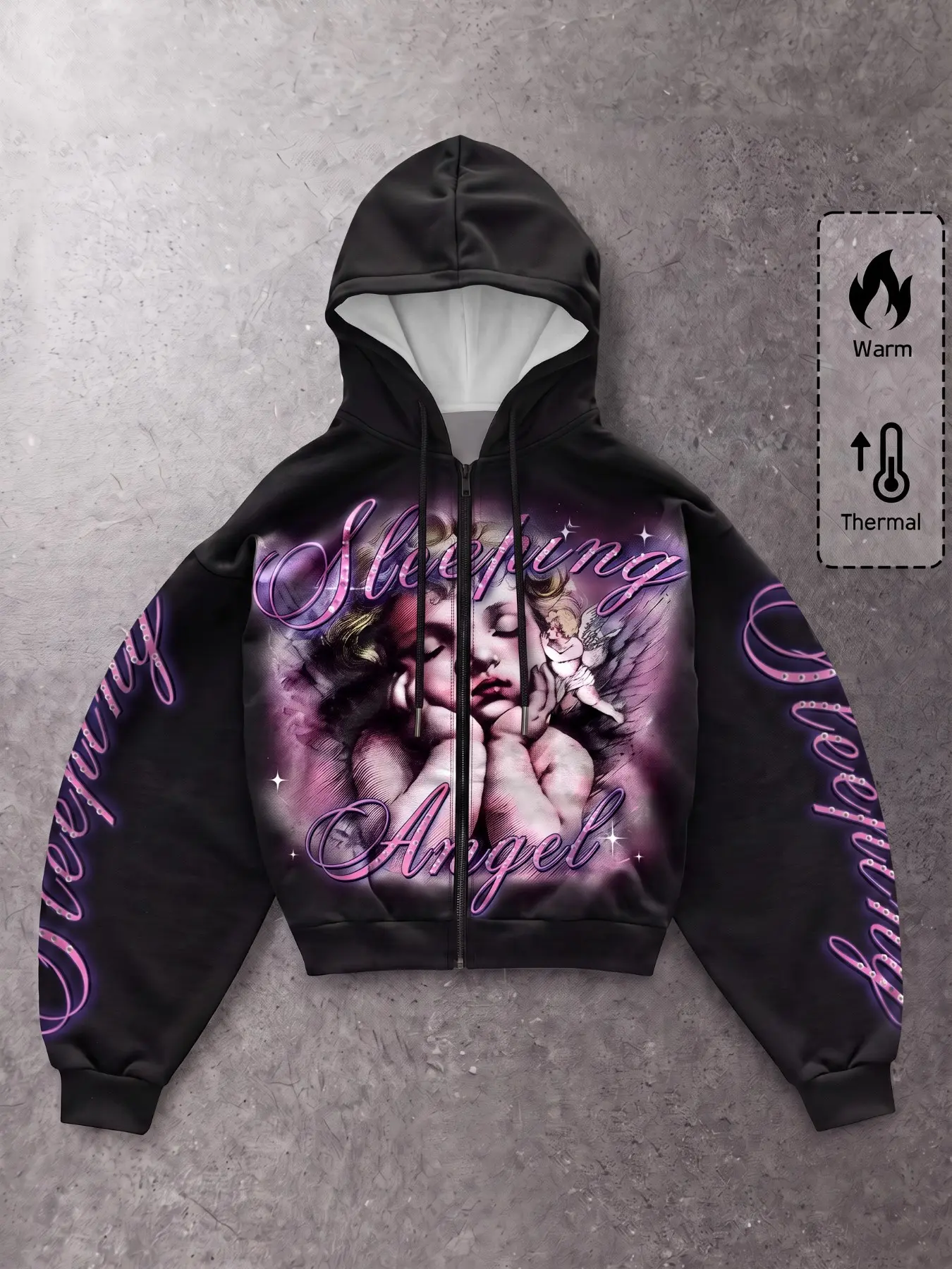 Men's Black Oversized Zip-Up Hoodie, Casual Streetwear Jacket with "Sleeping Angel" Neon Print, Retro Y2K Streetwear Outerwear for Fall, Campus Looks, Casual Outings, Parties, Travel, Night Outs, and Relaxed Y2K Aesthetic Styling