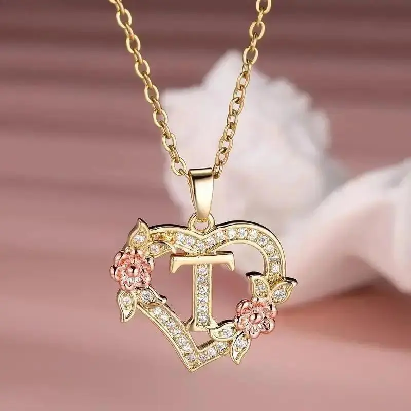 Rose Gold Initial Necklace for Women, Elegant Stainless Steel Letter Heart Pendant with Sparkling Zircons, Personalized Valentine's Day Gift, Elegant Rhinestone Necklace, Dainty Initial Necklaces