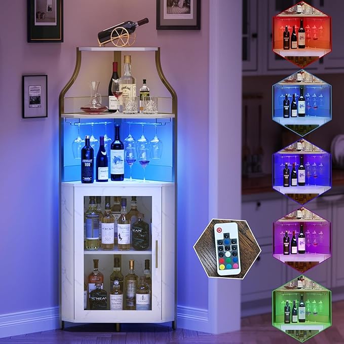 Corner Bar Cabinet with LED Lights, Wine Bar Cabinet with Adjustable Shelf and Glass Holder 5-Tiers Storage Space Corner Liquor Cabinet Industrial Liquor Cabinet for Small Space Corner Bar Cabinet with LED Lights, Wine Bar Cabinet with Adjustable Shelf and Glass Holder 5-Tiers Storage Space Corner Liquor Cabinet Industrial Liquor Cabinet for Small Space