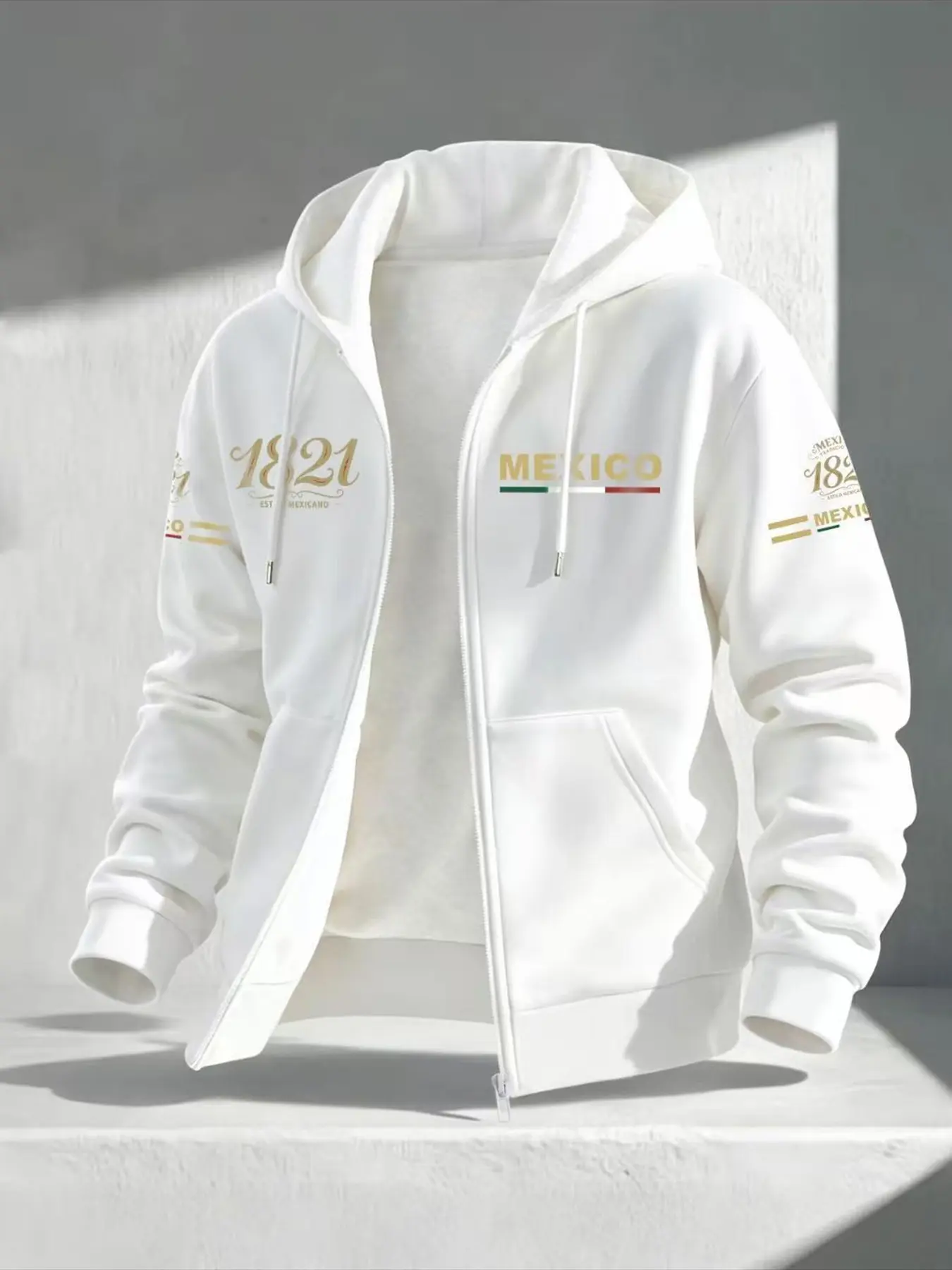 Men's Mexico 1821 Mexico Print Zipper Hoodie, Vintage Casual Loose Open Front Jacket, Streetwear Long Sleeve Sweatshirt