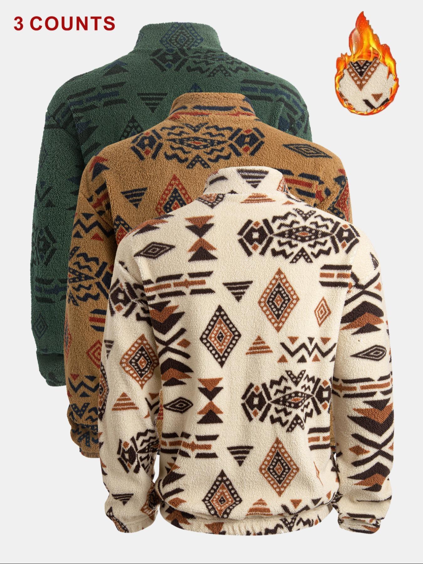 Men's Flannel Ethnic Print Hoodies Set, High Neck Half-Zip Pullover with Pockets, Warm Autumn Winter Casual Sportswear, 3 Pack
