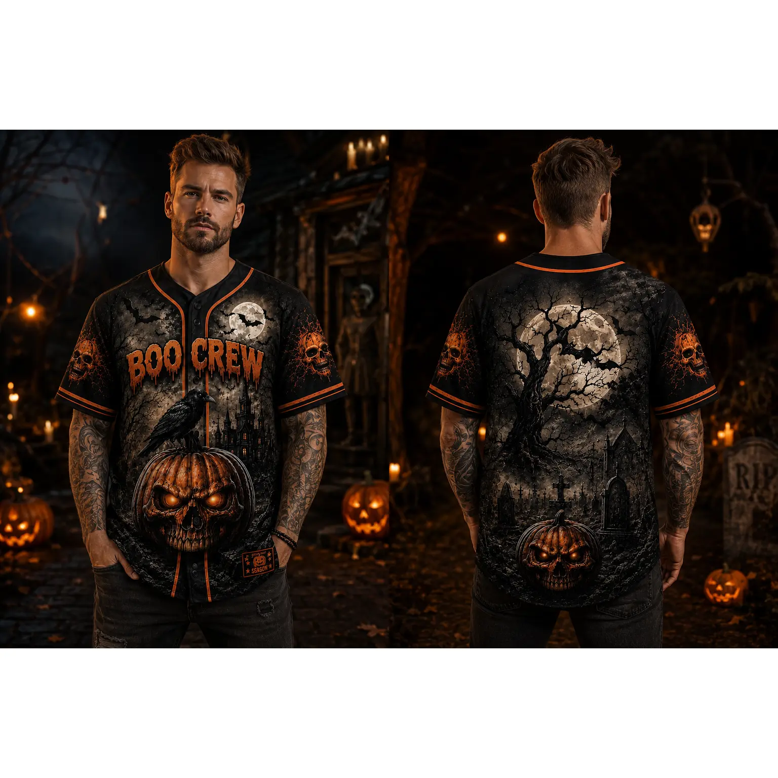 Personalized Halloween Horror Baseball Jersey - Skull Print, Button Front, Short Sleeve, Regular Cut, Multi-Size Gothic Ghost Pumpkin Shirt for Family Halloween Party#TikTokMadeMeBuyIt#CustomPrintJersey#HalloweenPartyEssential