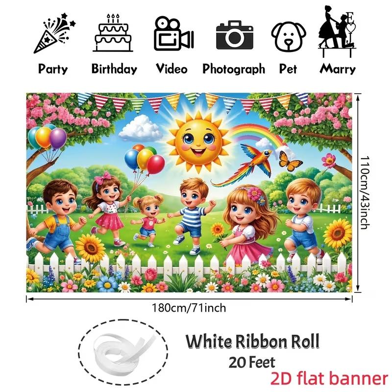 Happy Kids Spring Garden Backdrop Banner, Cartoon Sun Birthday Party Photo Backdrop, Kids Classroom Decor, Home Decor, Festival & Party Supplies