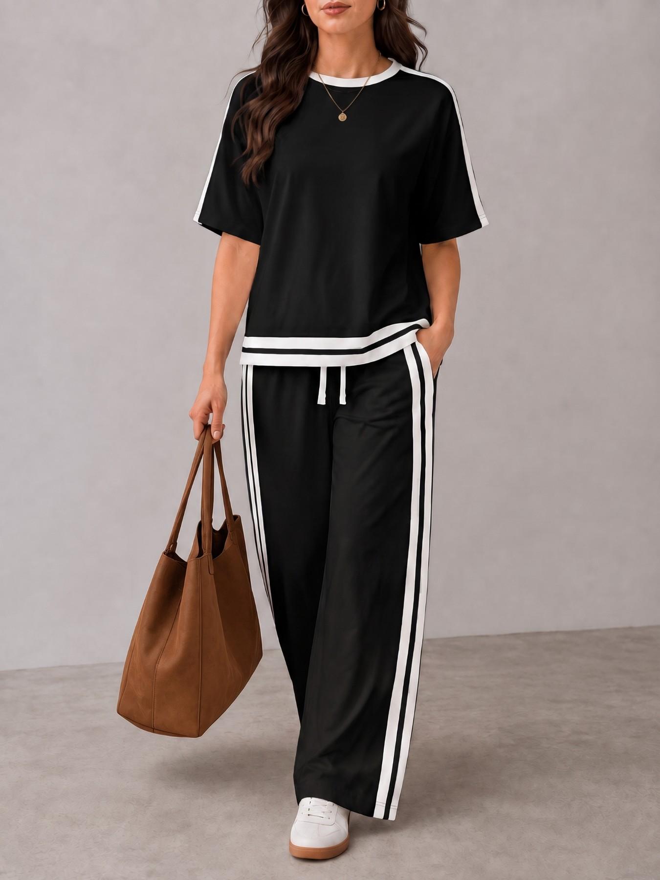 Women's Casual Sportswear Set, Plain Round Neck Short Sleeve T-Shirt and Striped Pants, Spring Summer Two-Piece, All Seasons, Loose Casual Athleisure