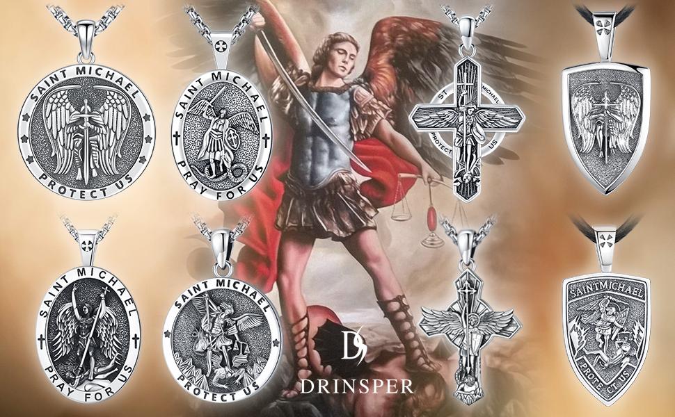 DRINSPER Golden Saint Michael Necklace 925 Sterling Silver Pendant St Michael the Archangel Protection Amulet for Men Boyfriend
