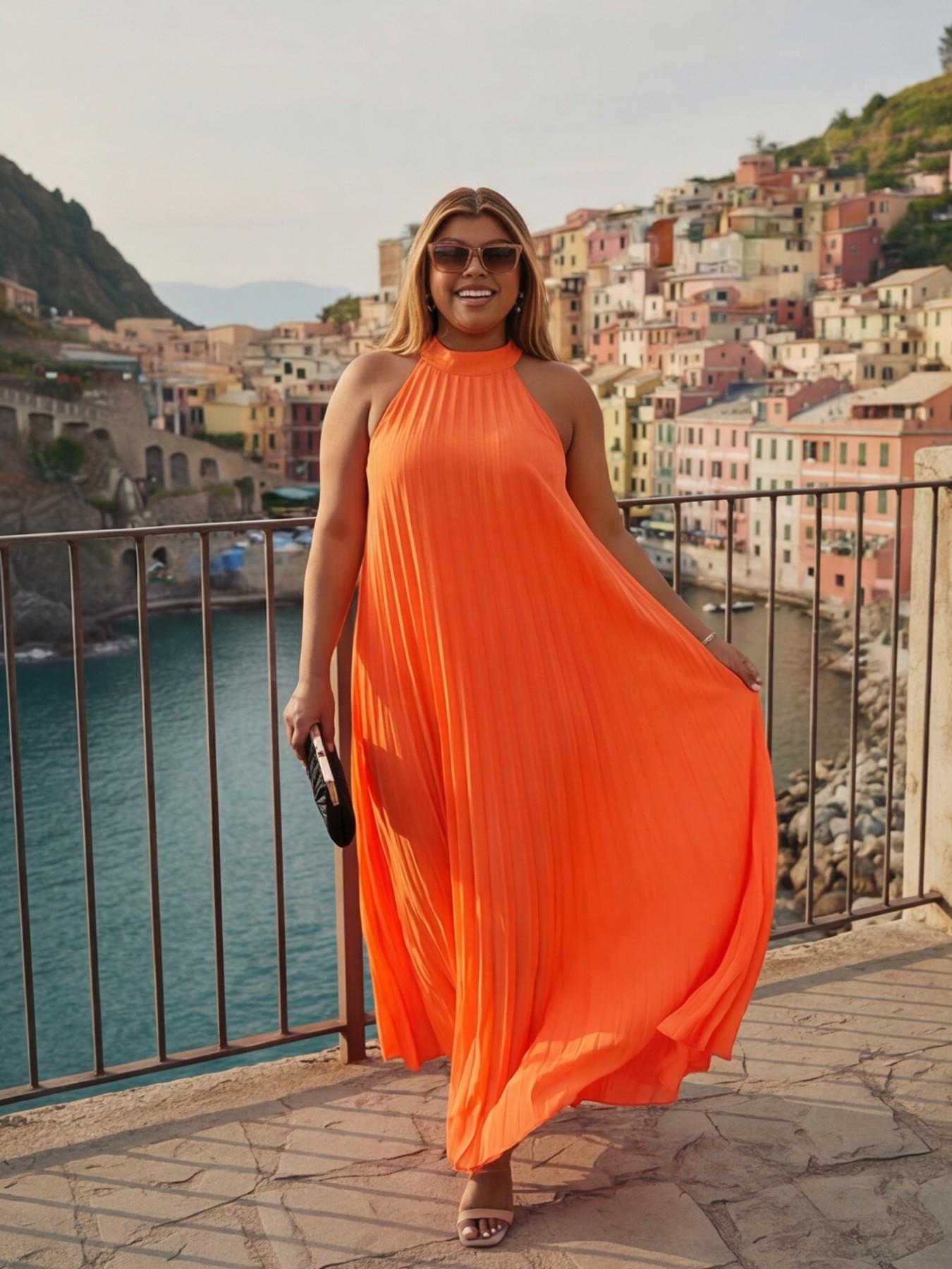 Women Plus Size Sleeveless Halter Neck Pleated Maxi Dress, Casual Loose Long Sundress for Party Vacation, Multi Color Options