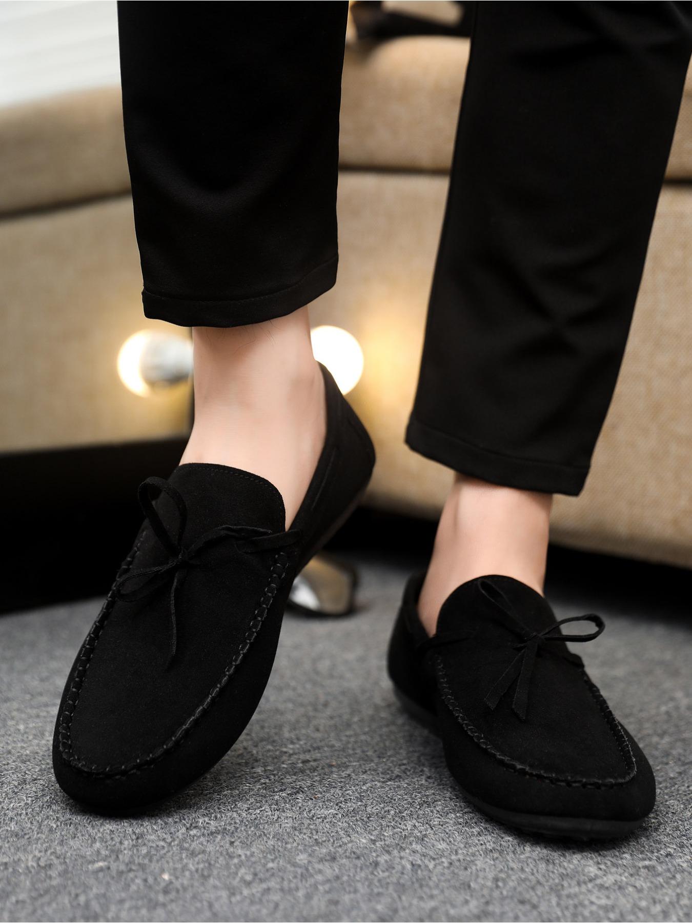 2026 Spring and Autumn New Men's Casual Bean Shoes, Suede Leather with Lace-up Weave Design, Rubber Soft Sole, Daily Commuting Loafers and Business Shoes