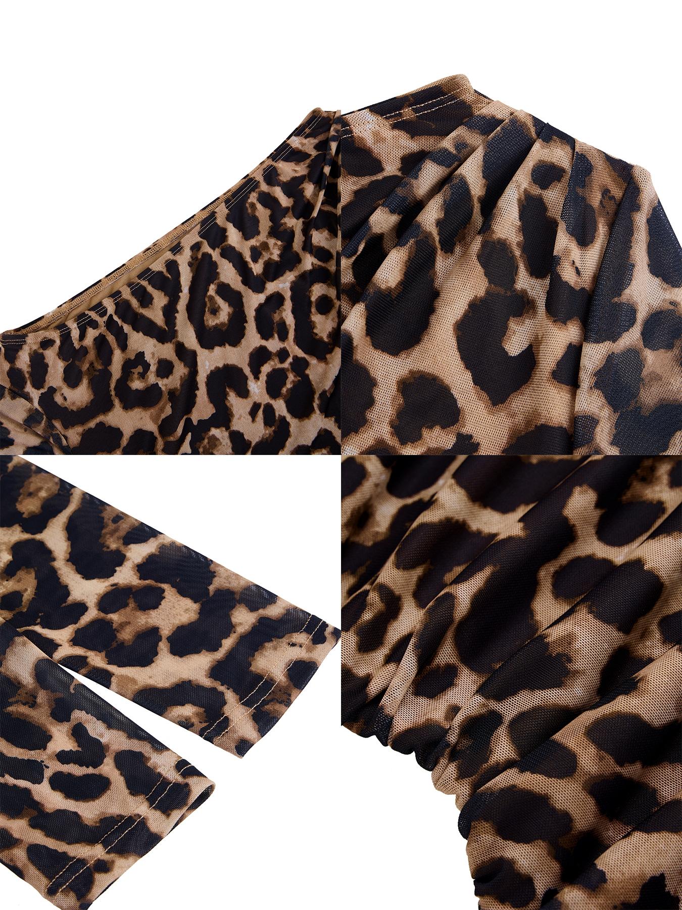 Aliling Women's Elegant Leopard Print Mini Dress, Asymmetrical Neck Long Sleeve Ruffled Hem, All Seasons Fashion Party Dress