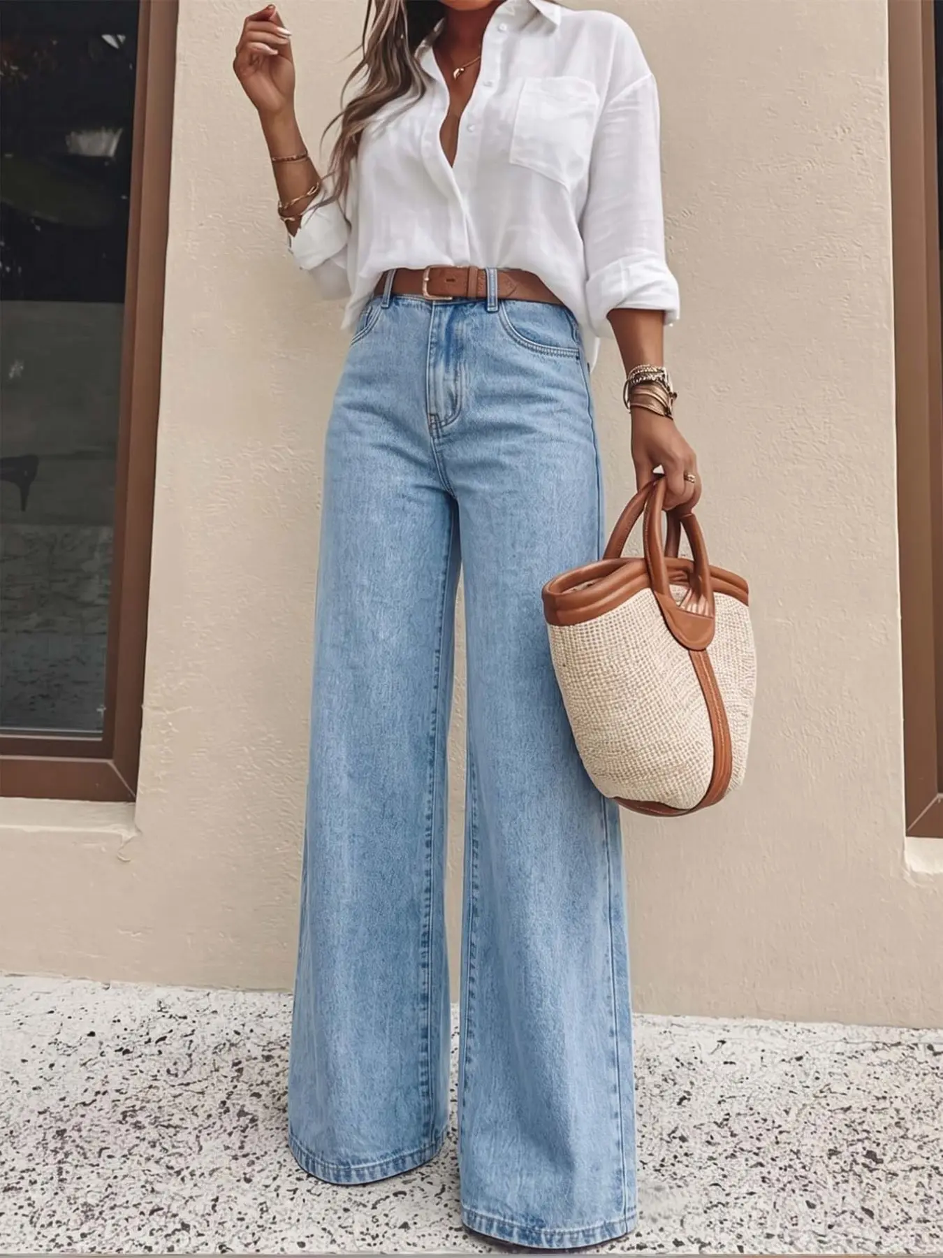 Elegant High-Waisted Slimming Jeans for Women, Versatile Loose Wide-Leg Denim Jeans, Comfortable Long Jean Bottoms for Daily Wear