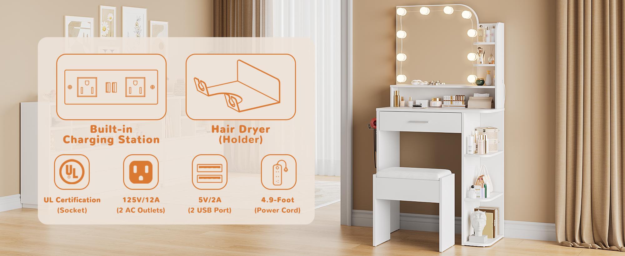 Makeup Vanity Desk with Mirror and Lights, 26.4”Small Vanity Mirror with Lights with Large Drawer and 6 Level Storage, White Vanity with Large Led Mirror with 3 Color Lighting Modes