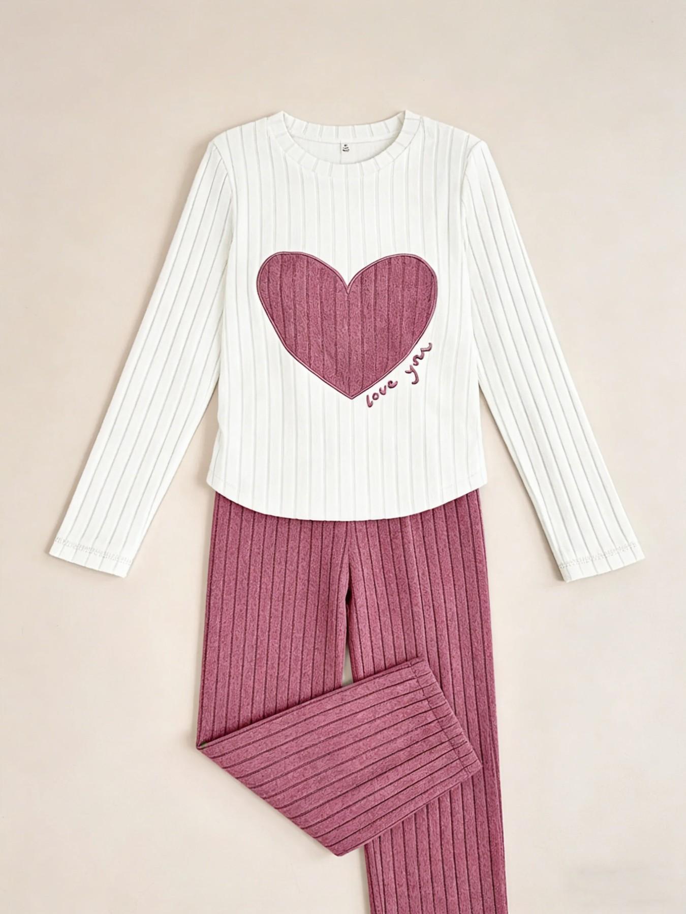Women's Heart Round Neck Long Sleeve Fitted Pajama Set, Comfortable Warm Home Wear, Casual Two-Piece Sleepwear for Ladies