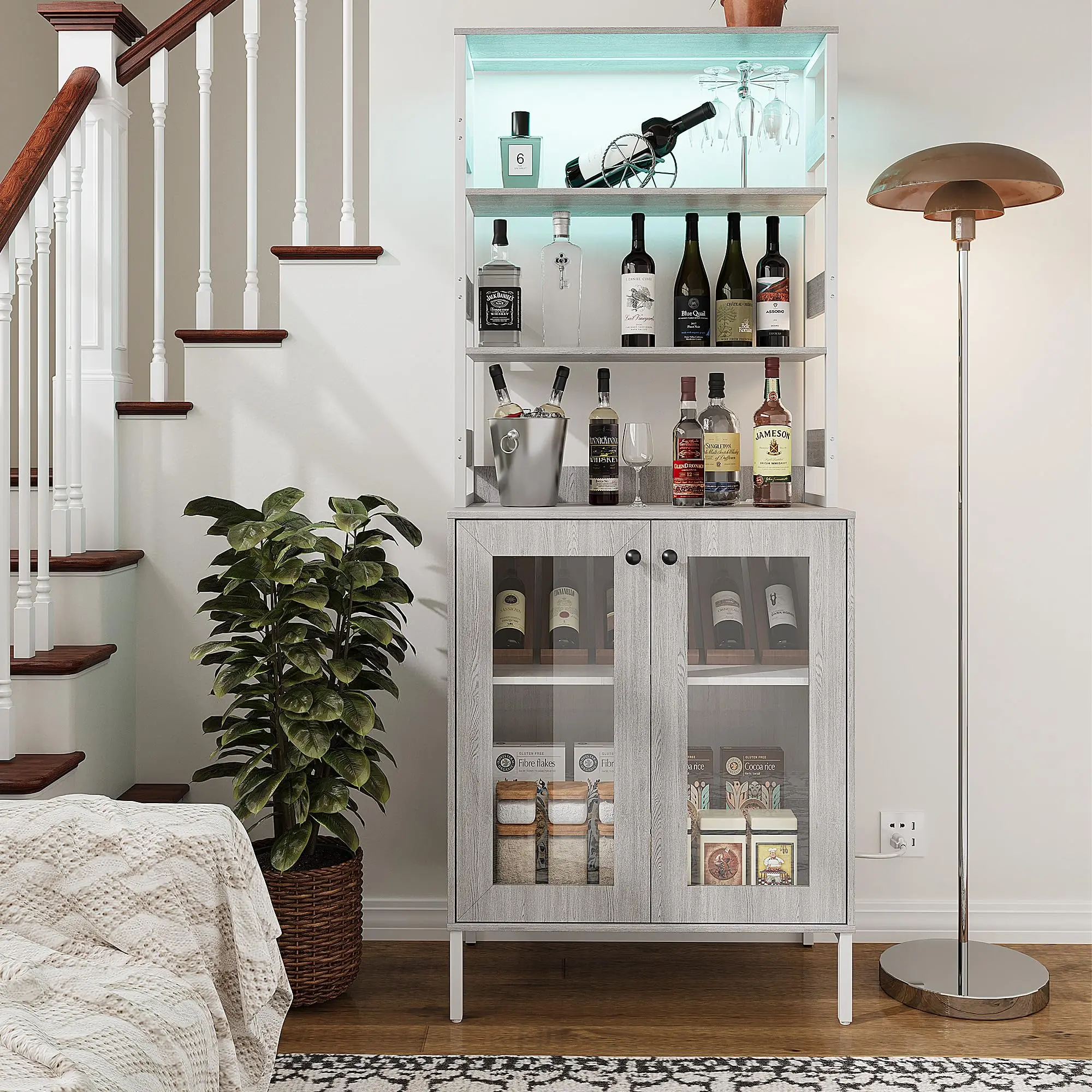 GARVEE 66.9" Height Metal Frame Kitchen Pantry Cabinet with Power Outlets, LED Lights, Glass Doors & Countertop - Bakers Rack Coffee Hutch Microwave Stand for Dining Room, Laundry Room