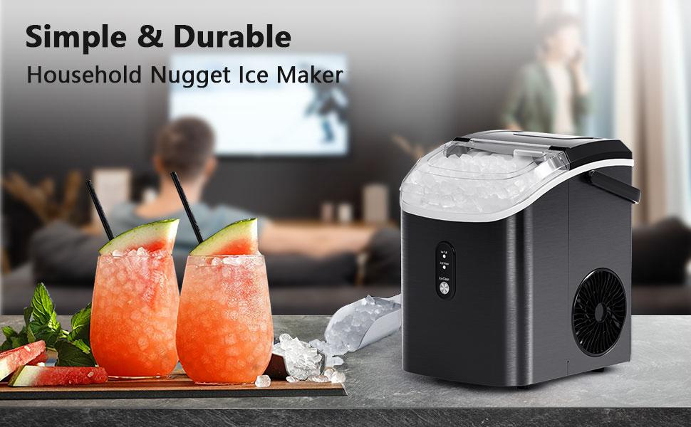 COWSAR Nugget Ice Maker with Handle,33lbs/Day, Produce a Basket in 1.5 Hour, Self-Cleaning, One-Click Design, Compact Ice Maker Nugget with Chewy Ice for Home Bar Party,Black