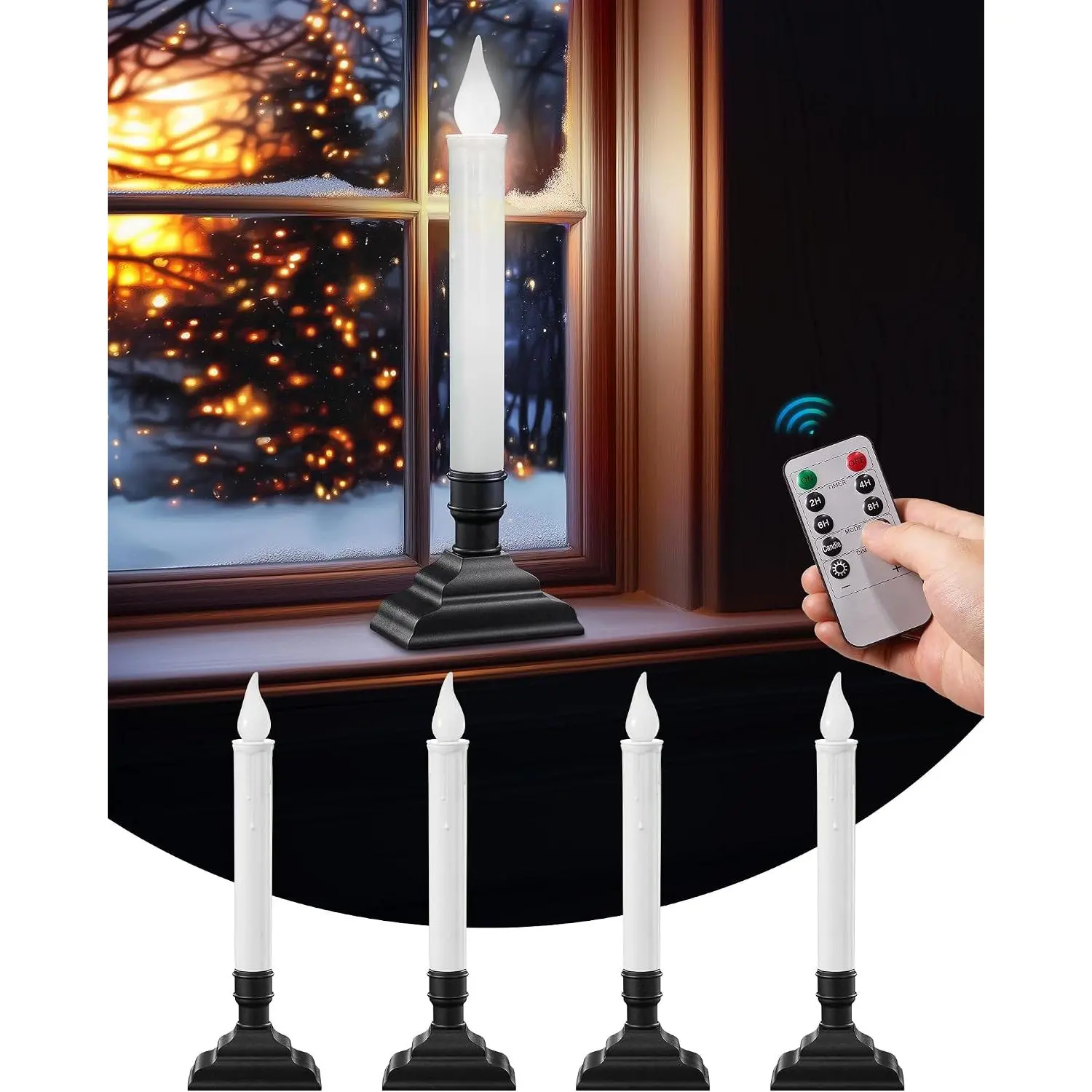 Operated Christmas Window Candles with Remote, Timer, Dimmable, Window Candle Lights with Removable Candle Holders, Christmas Candles for Window, Mantel, Matte Black, 4-Pack