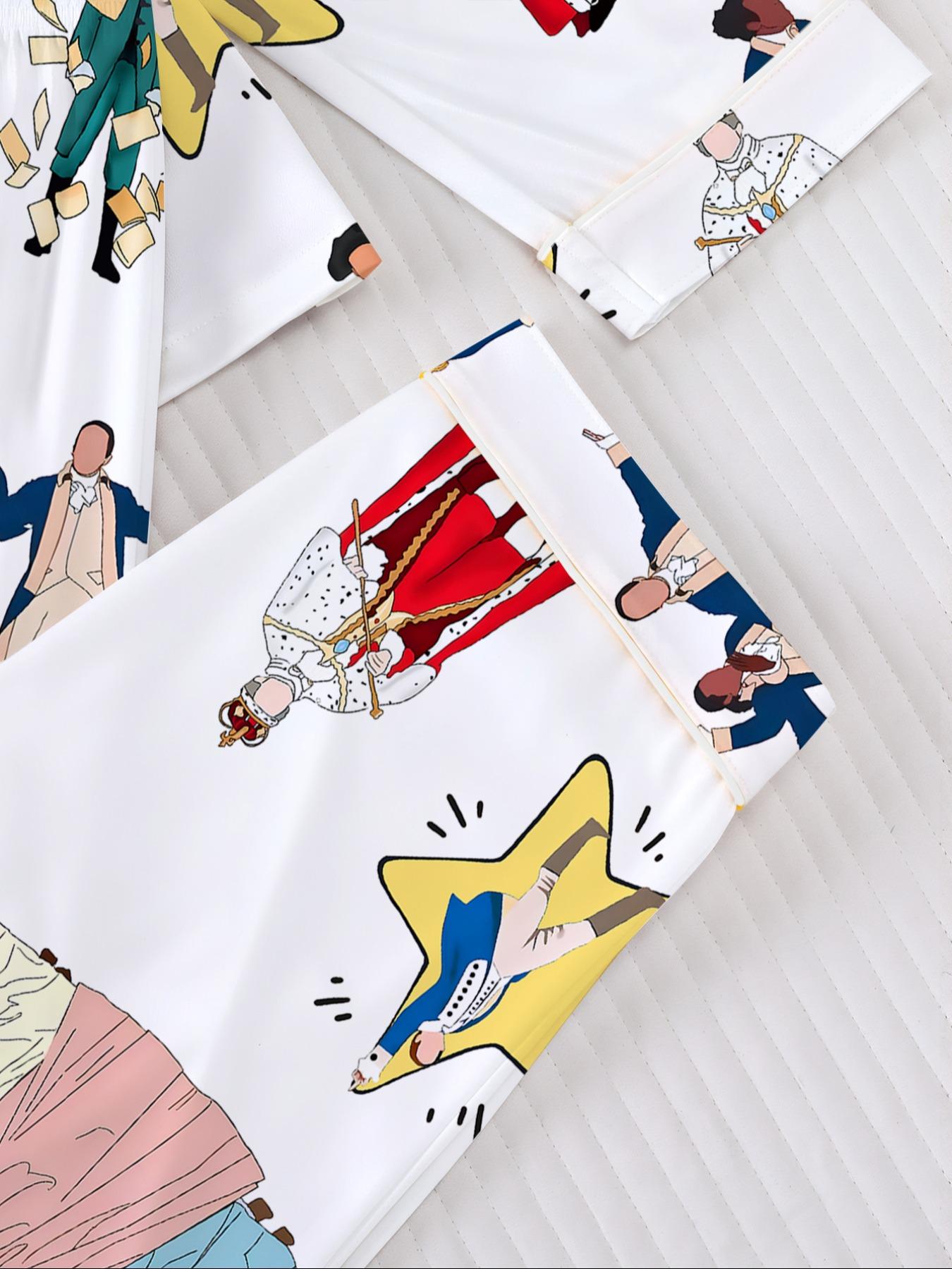 Hamilton Musical Print Women's Pajama Set, Long Sleeve Shirt Collar Button Soft Top & Elastic Pants, Casual Home Wear Loungewear