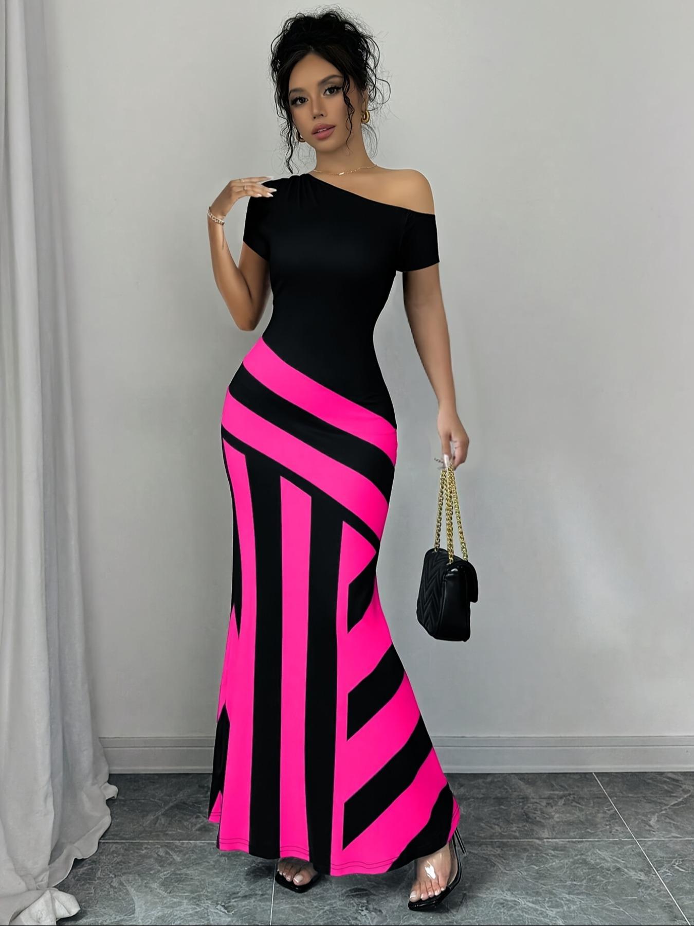 Women's Colorblock Striped Print Asymmetrical Neck Mermaid Dress, Elegant Fashion Casual Dress for Daily Outdoor Wear, Women Dress for Summer