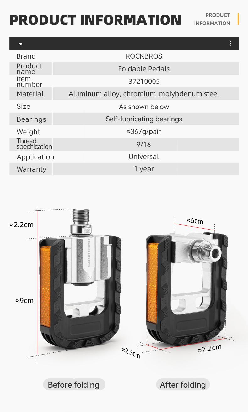 ROCKBROS Folding Bike Pedals Aluminum Alloy Foldable Bicycle Pedals 9/16 Inch Lightweight with Reflective Strips&Non Slip for Folding Bike, Electric Bike