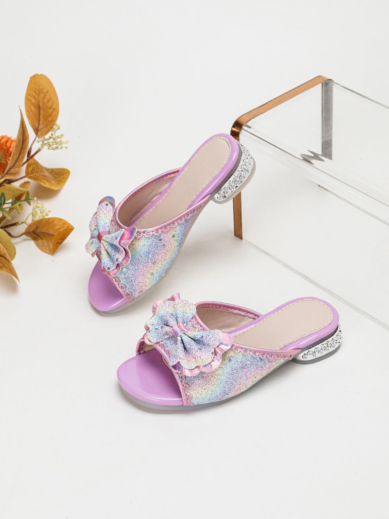 Girls' Pink/Blue Holographic Rainbow Glitter 3D Bow Decor Open Toe Soft Non-Slip Low Heel Mule Sandals | Dreamy Princess Style for Daily Wear / Performance / Banquet & Formal Occasions / Outing