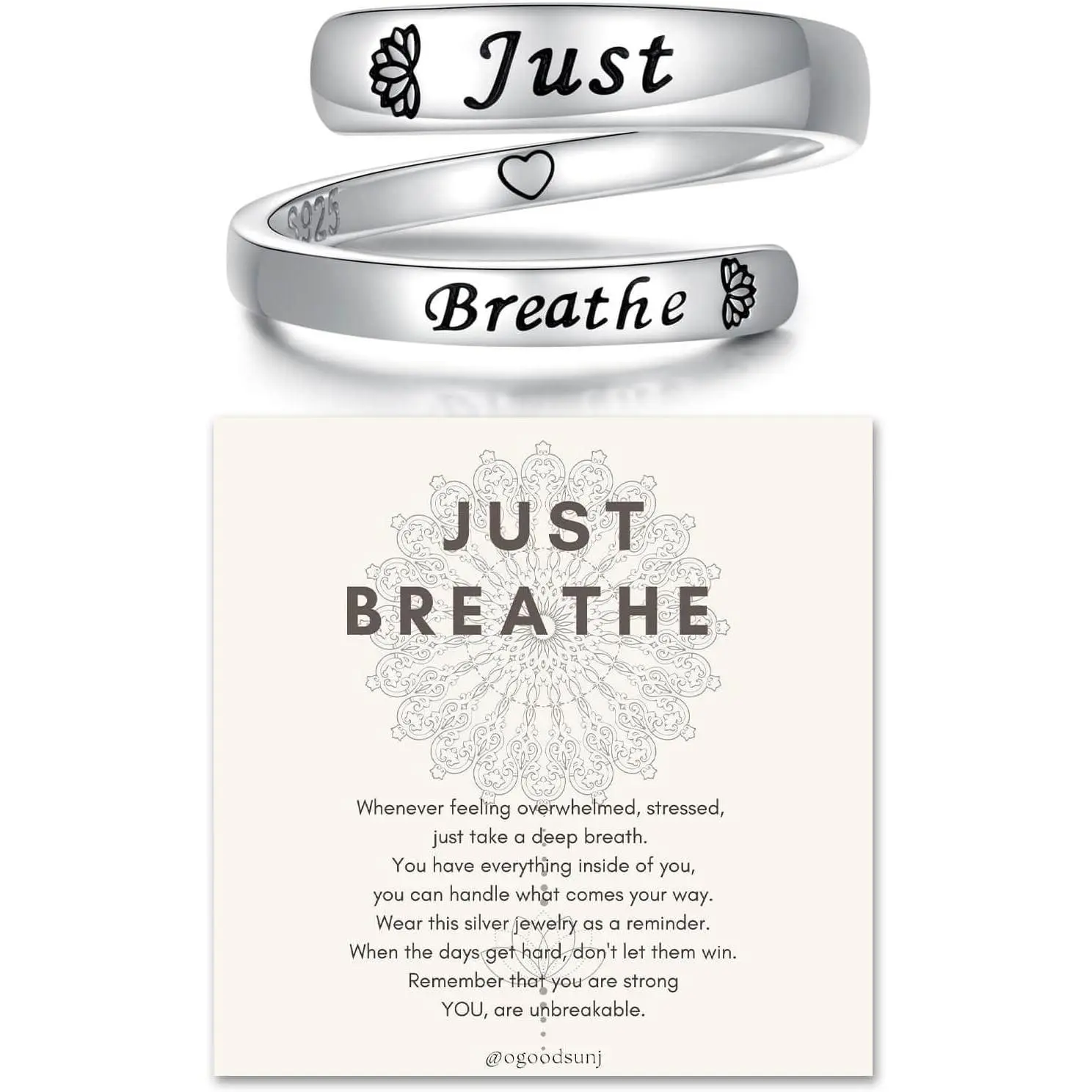 Sterling Silver Just Breathe Ring Inspirational Hope Jewelry Gift for Women(Gift)