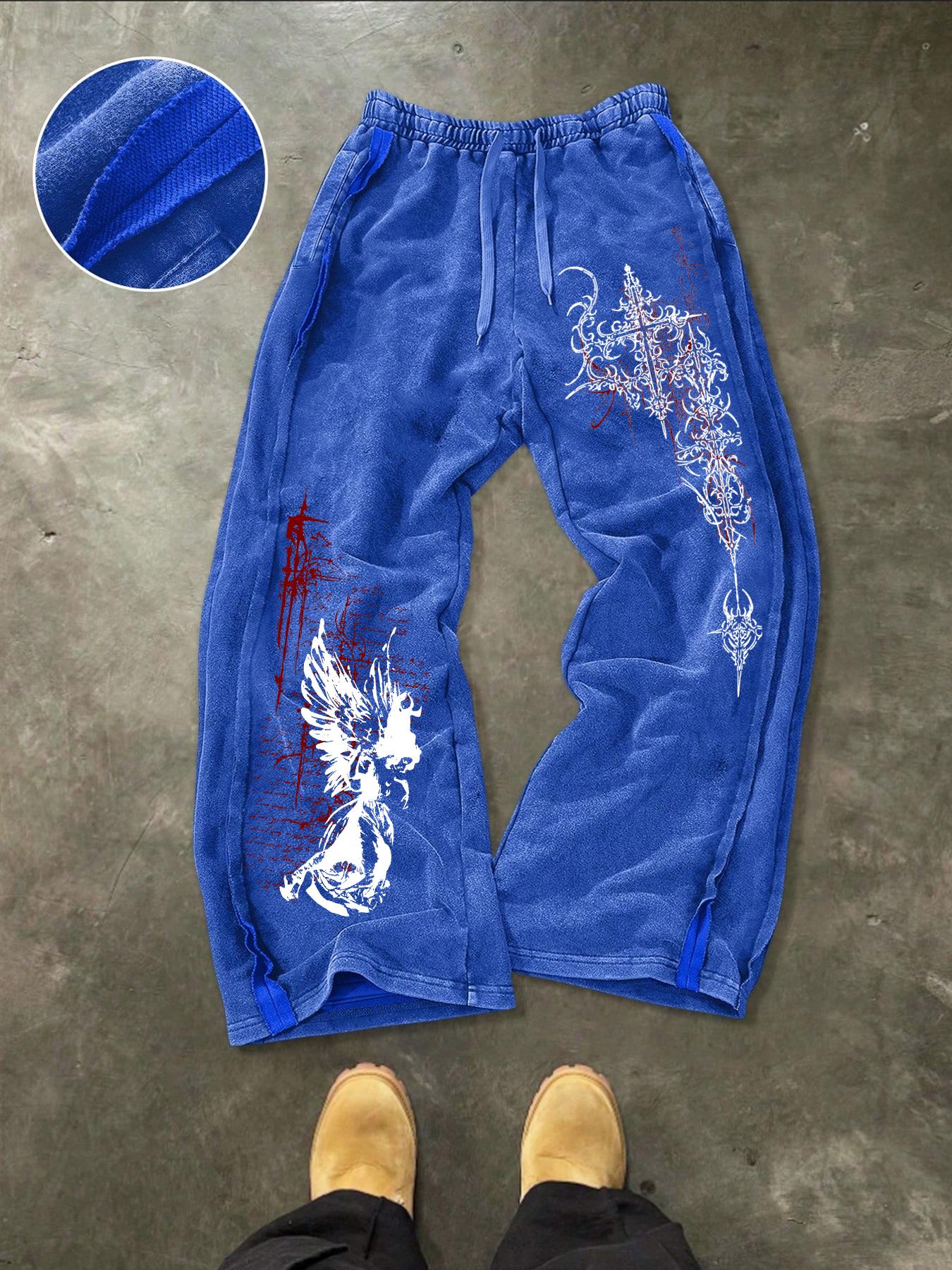 Men's Washed Cotton Sweatpants with Side Hem Stitching Design, Gothic Print Pattern, Comfortable Casual Pants for Daily Wear