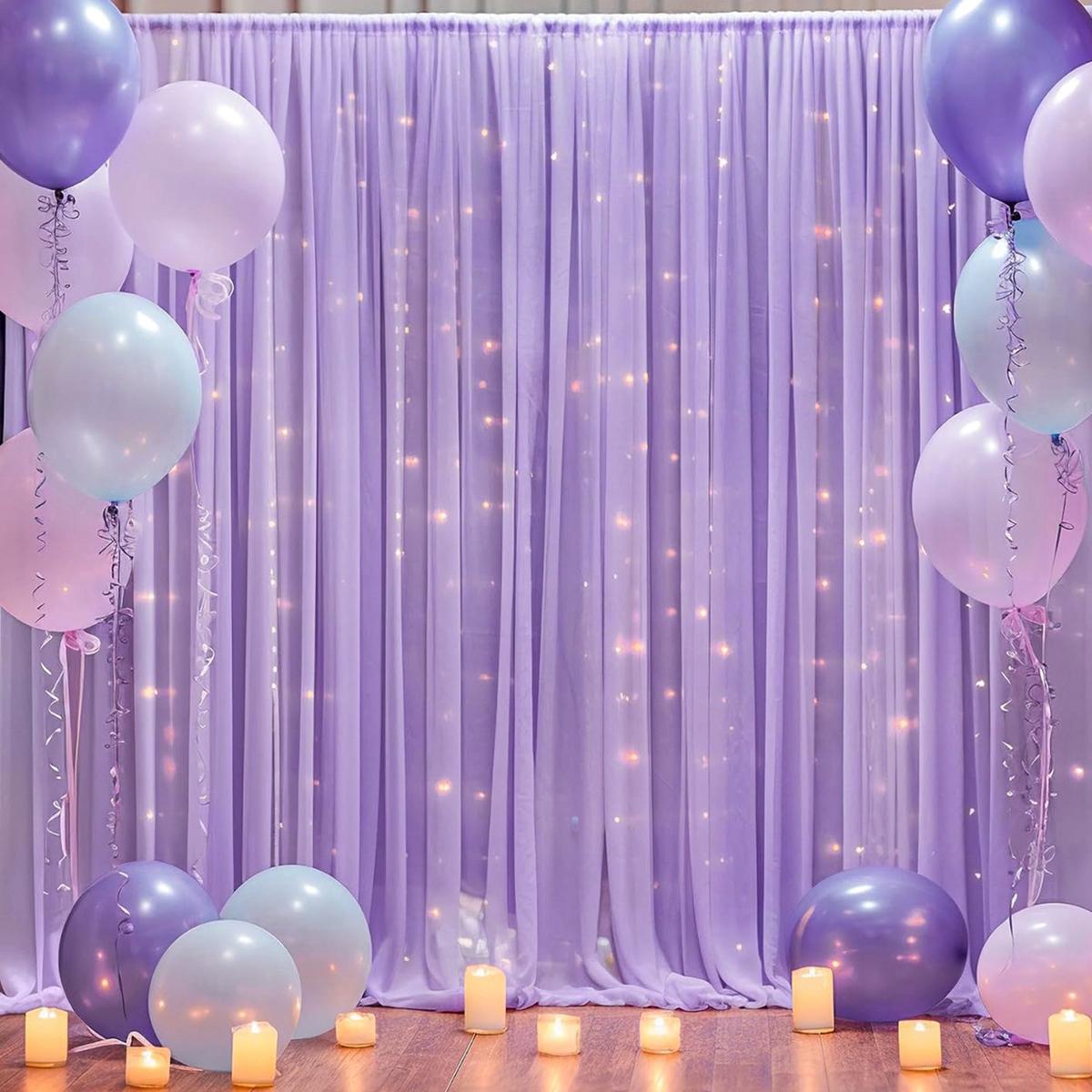 1set 9.84ft x 7.05ft White Sky Blue Pink Green Purple Champagne Sheer Backdrop Curtains with Lights for Baby Shower Wedding Bridal Shower Happy Birthday Party Decor Photobooth Props Holiday Festival Decor Home Decorative Hanging Ornaments