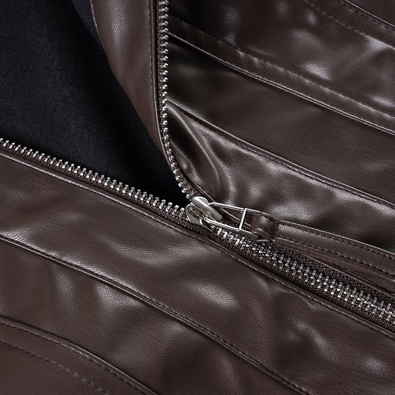 Women's High Neck Zipper Leather Jacket, Long Sleeve Loose Fit Coat, Fall & Winter Street Style Motorcycle Windbreaker