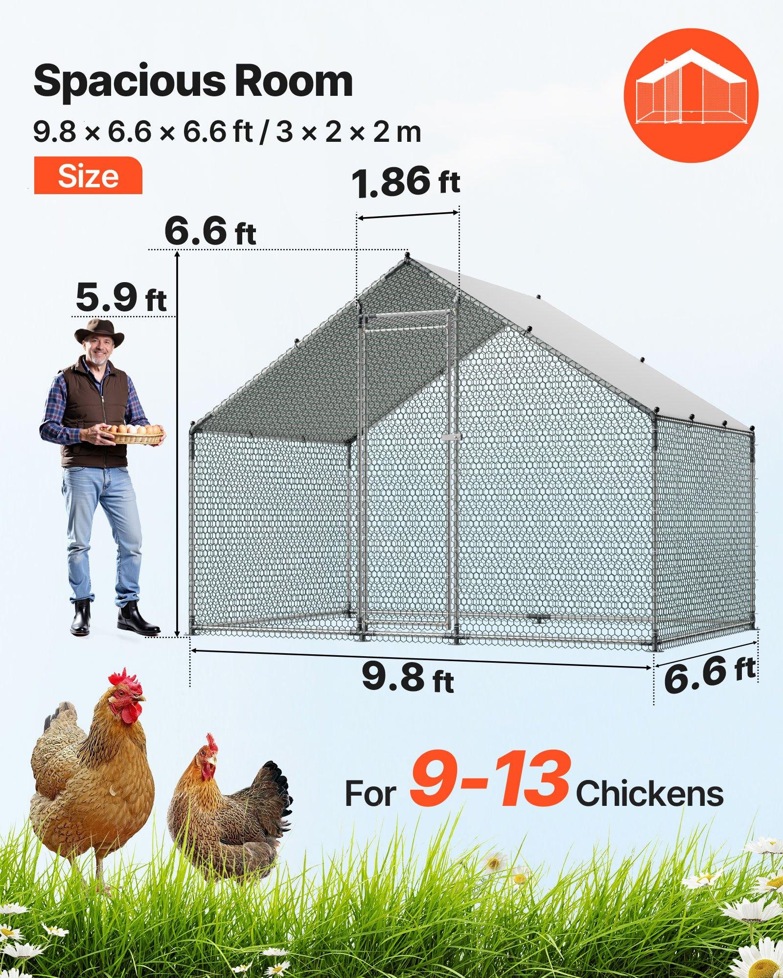 fathersdaygift  VEVOR Metal Chicken Coop, 9.8x6.5x6.5ft Large Walk-in Chicken Runs with Cover, Spire Roof Hen House Enclosure with Security Lock, Outdoor Duck Rabbit Cage Poultry Pen for Backyard, Farm, Yard