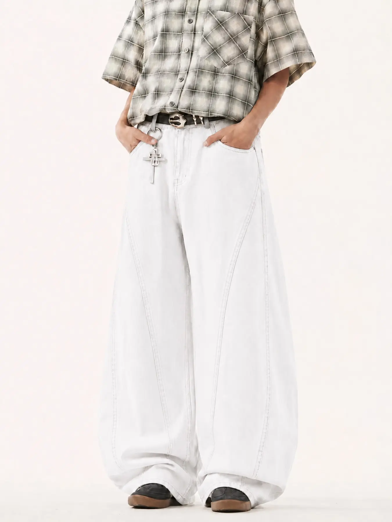 Men’s Cream White Baggy Jeans with Subtle Jacquard Texture, Wide Leg Relaxed Fit Casual Streetwear Denim Pants