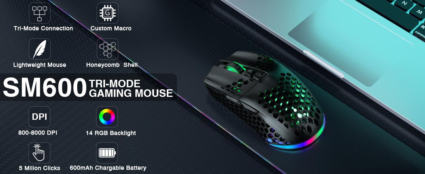 Aula X Solakaka SM600 Wireless RGB Esports Gaming Mouse - Tri-Mode 2.4G/BT5.0/USB Connection, Rechargeable Battery, Adjustable Customizable DPI, Ergonomic Design, Multiplatform Accessory for PC, Desktop, Laptop for Games, Office Use