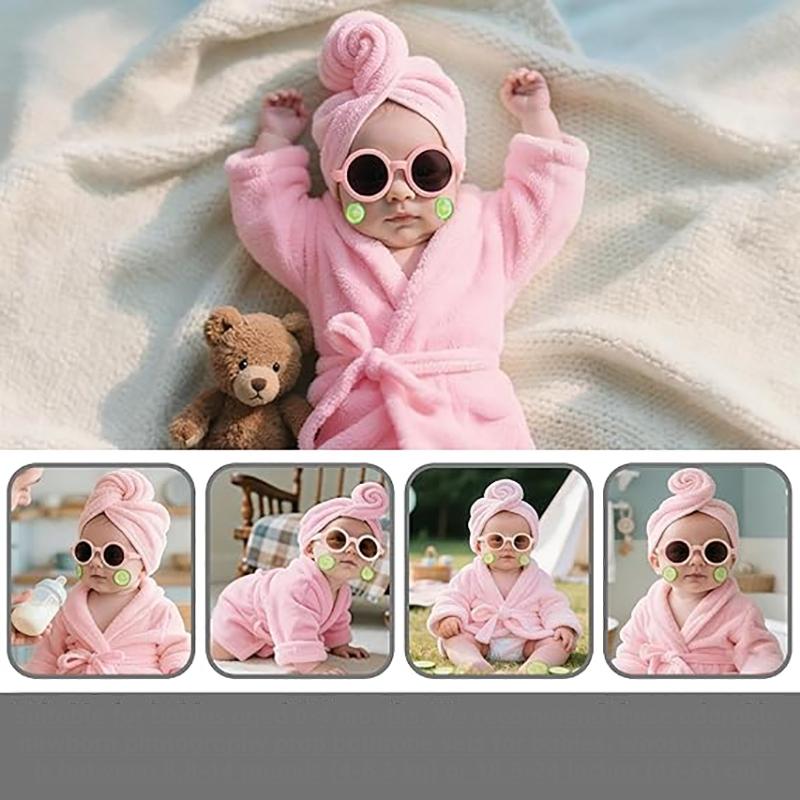 Newborn Photography Props Bathrobe Outfits Girl Baby Robe Bath Towel Costume Sets 0-4Months(Pink)