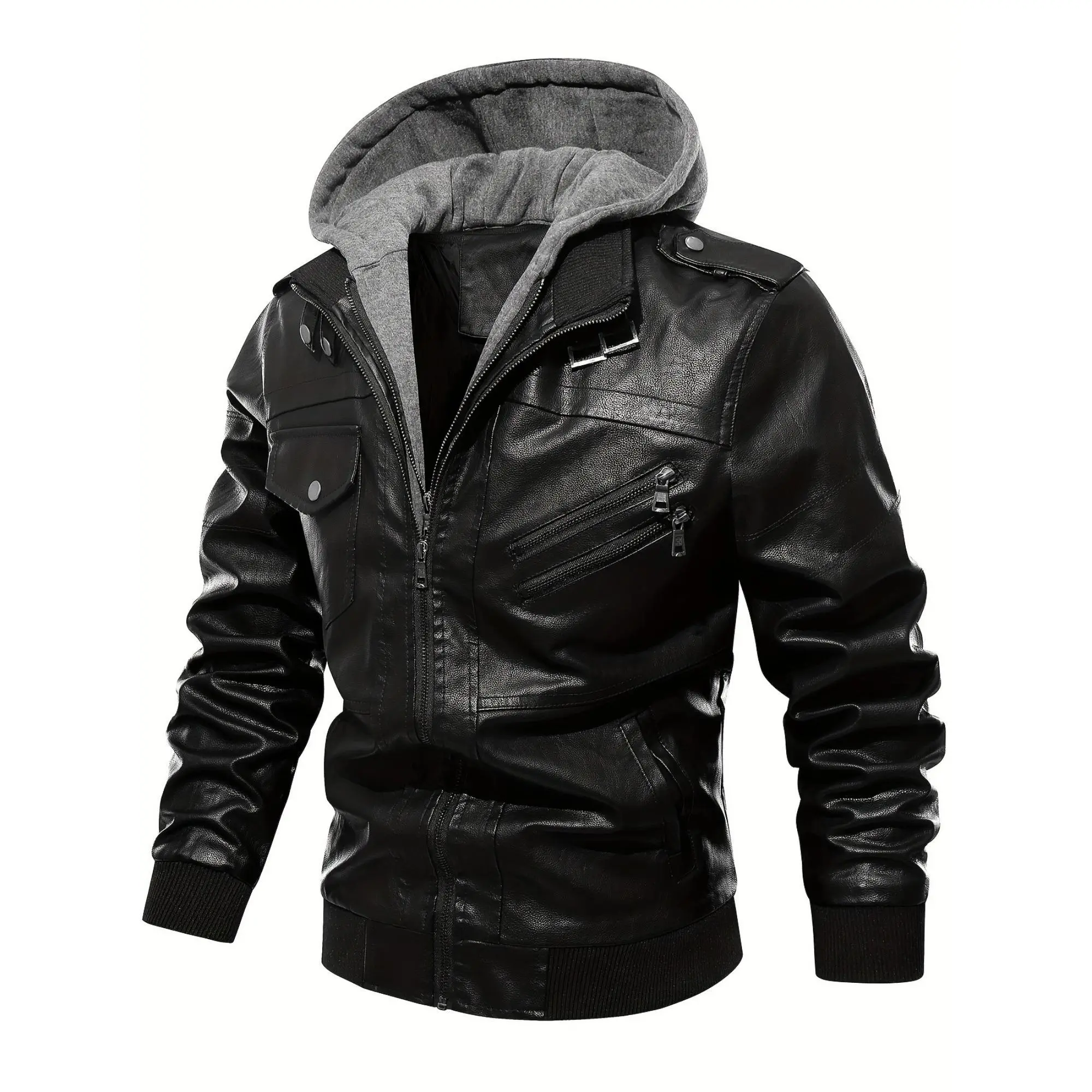 Men's Animal-Free PU Leather Biker Moto Jacket - Woven Fabric Hood, Full-Zip, Lightweight Wind-Resistant, Street-Cool Look Coats, Fall Winter Casual Men's Clothing, Rider Gear for Outdoor Cycling Outerwear,sohochic